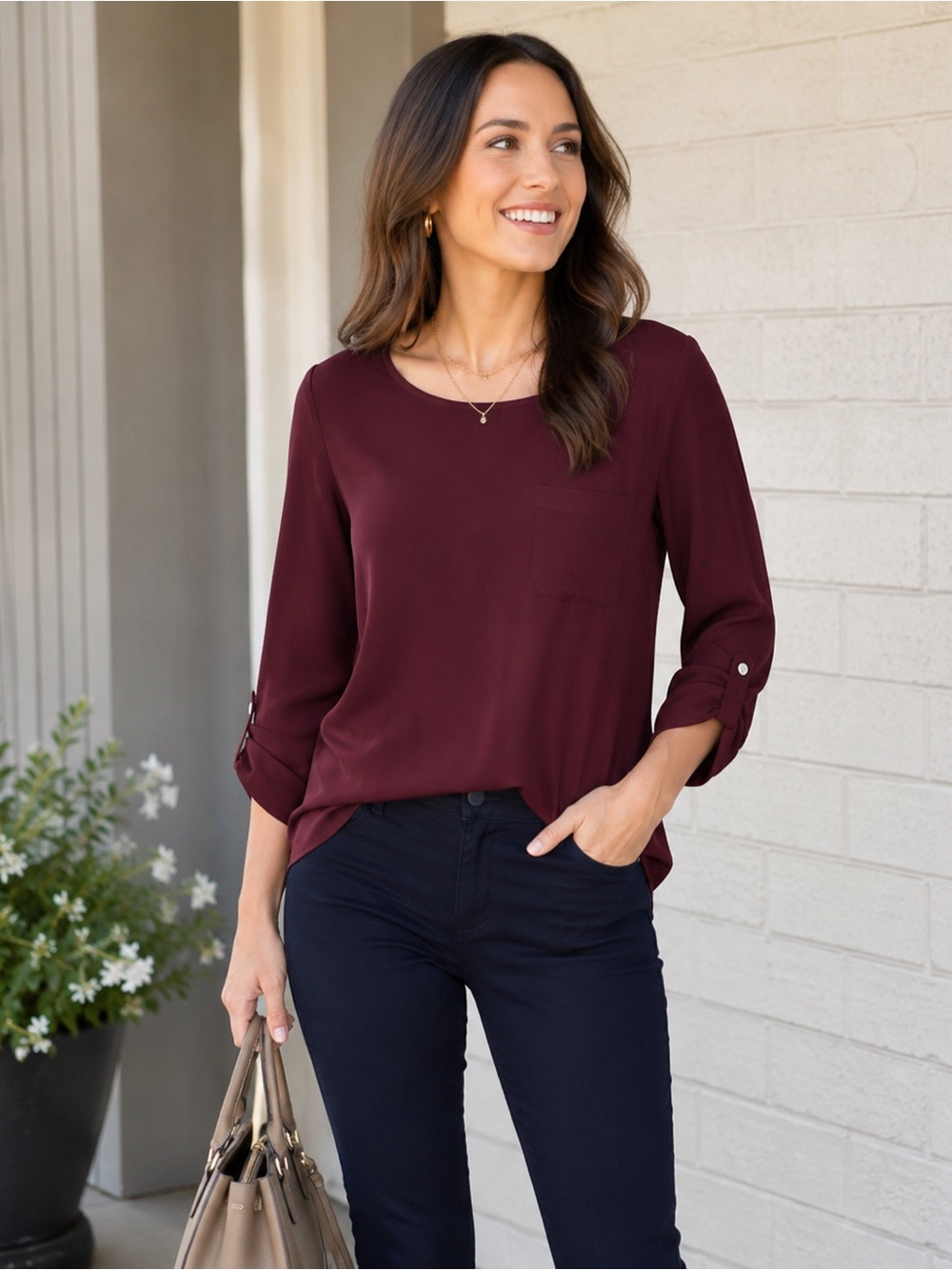 LOFT Burgundy Long Sleeve Blouse Pocket Roll Tab Top Size S